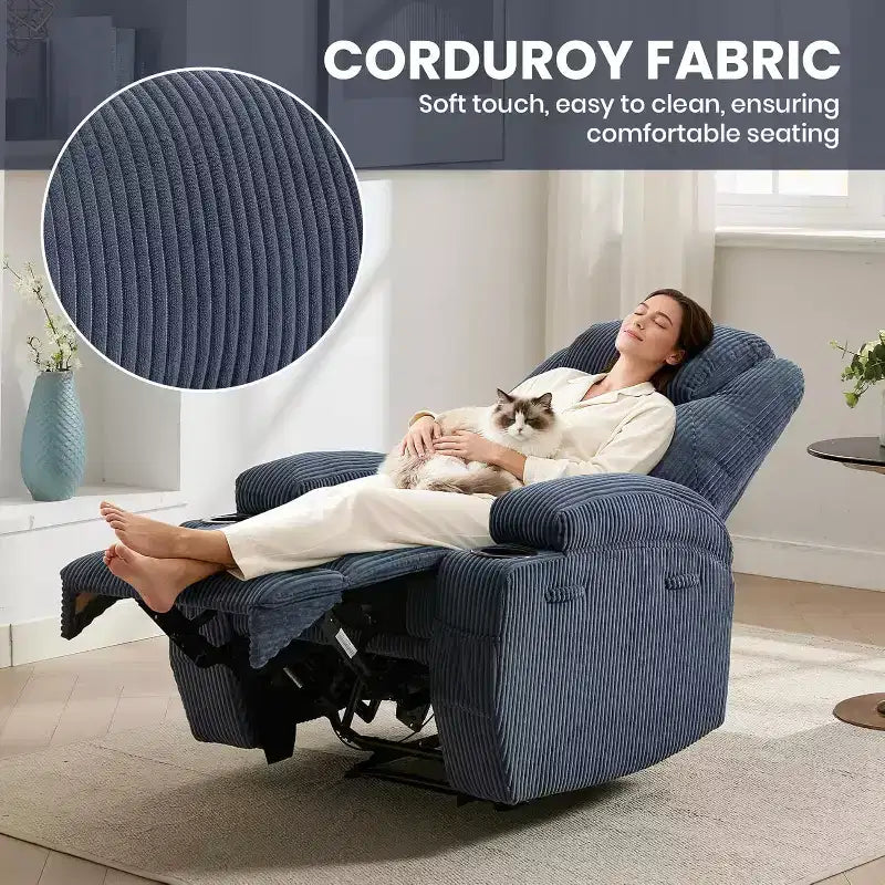 Fauteuil inclinable de massage et chauffant, canapé simple réglable en velours côtelé avec porte-gobelets et poches latérales