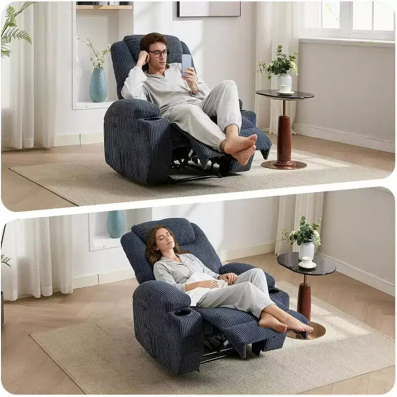 Fauteuil inclinable de massage et chauffant, canapé simple réglable en velours côtelé avec porte-gobelets et poches latérales