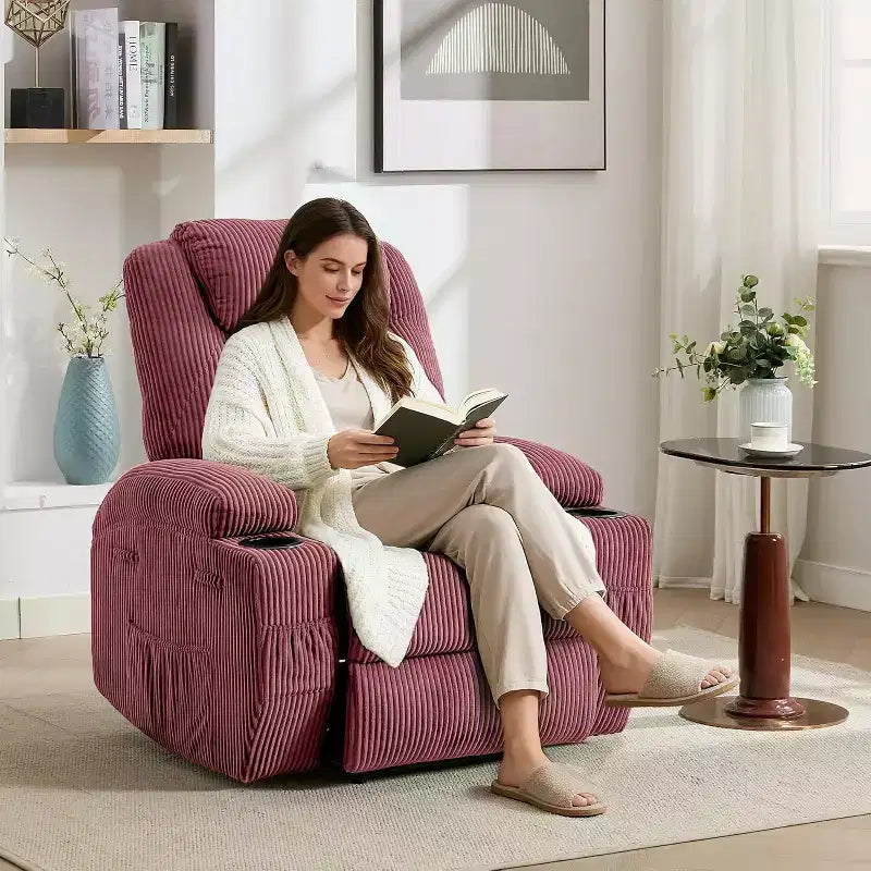 Fauteuil inclinable de massage et chauffant, canapé simple réglable en velours côtelé avec porte-gobelets et poches latérales