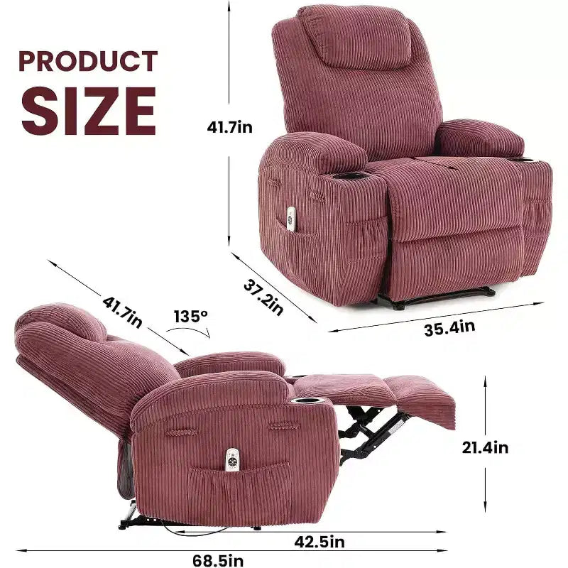 Fauteuil inclinable de massage et chauffant, canapé simple réglable en velours côtelé avec porte-gobelets et poches latérales