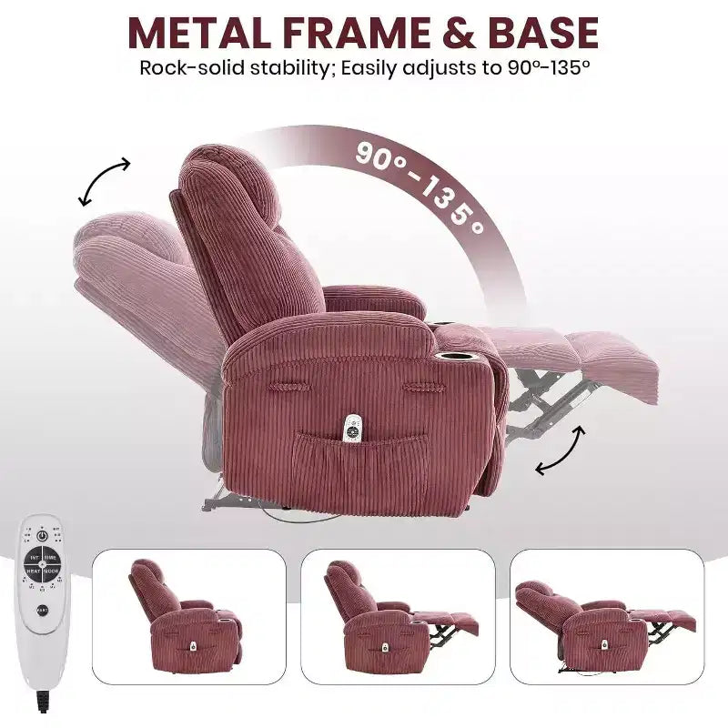 Fauteuil inclinable de massage et chauffant, canapé simple réglable en velours côtelé avec porte-gobelets et poches latérales