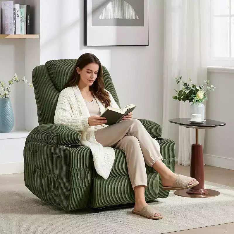 Fauteuil inclinable de massage et chauffant, canapé simple réglable en velours côtelé avec porte-gobelets et poches latérales