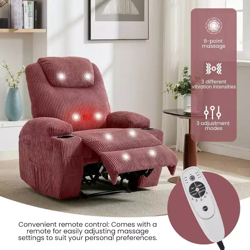 Fauteuil inclinable de massage et chauffant, canapé simple réglable en velours côtelé avec porte-gobelets et poches latérales