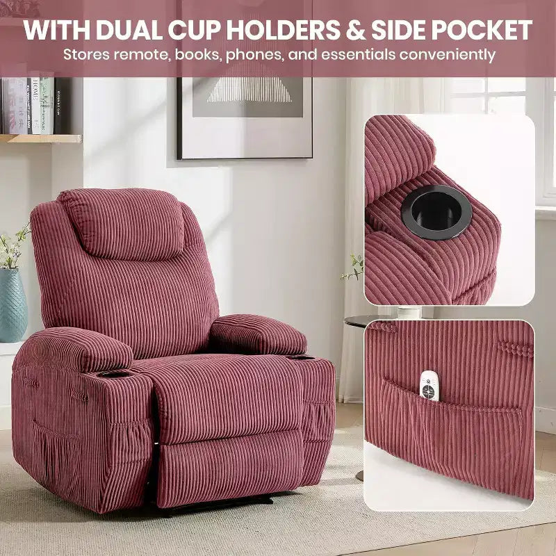 Fauteuil inclinable de massage et chauffant, canapé simple réglable en velours côtelé avec porte-gobelets et poches latérales