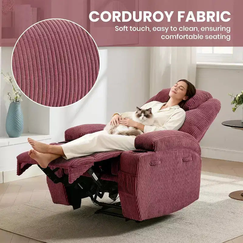 Fauteuil inclinable de massage et chauffant, canapé simple réglable en velours côtelé avec porte-gobelets et poches latérales