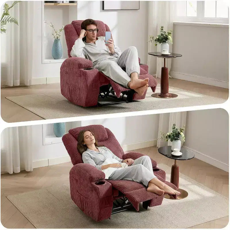 Fauteuil inclinable de massage et chauffant, canapé simple réglable en velours côtelé avec porte-gobelets et poches latérales
