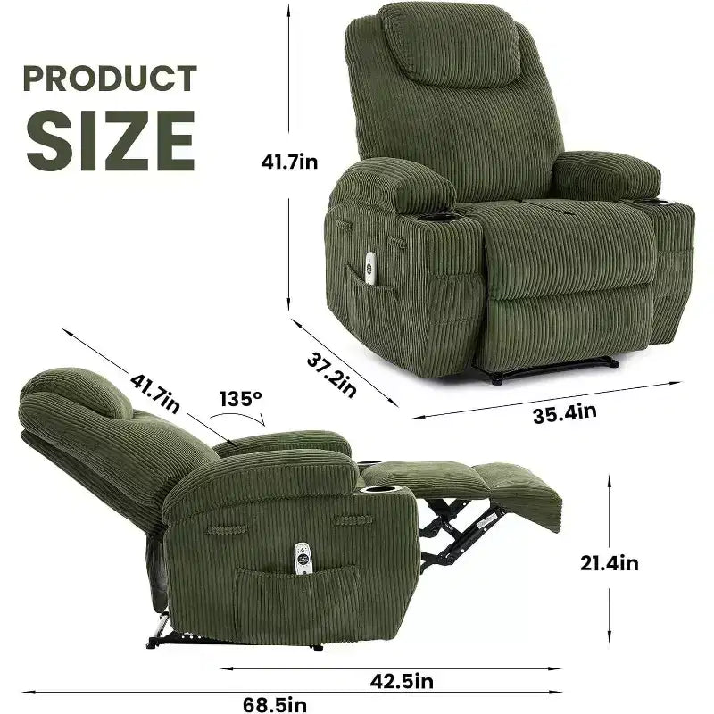 Fauteuil inclinable de massage et chauffant, canapé simple réglable en velours côtelé avec porte-gobelets et poches latérales