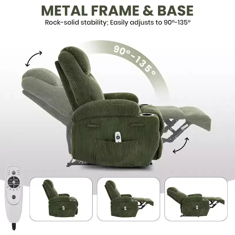 Fauteuil inclinable de massage et chauffant, canapé simple réglable en velours côtelé avec porte-gobelets et poches latérales
