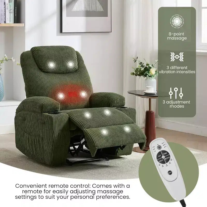 Fauteuil inclinable de massage et chauffant, canapé simple réglable en velours côtelé avec porte-gobelets et poches latérales