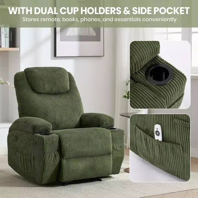 Fauteuil inclinable de massage et chauffant, canapé simple réglable en velours côtelé avec porte-gobelets et poches latérales