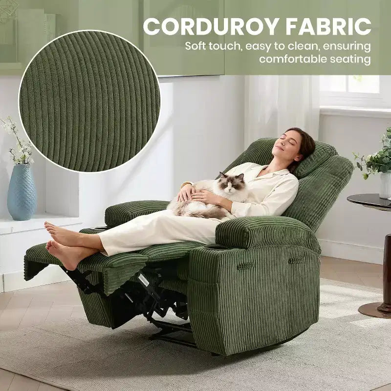 Fauteuil inclinable de massage et chauffant, canapé simple réglable en velours côtelé avec porte-gobelets et poches latérales