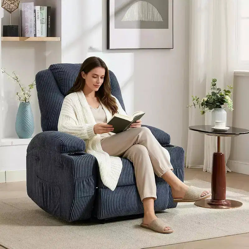 Fauteuil inclinable de massage et chauffant, canapé simple réglable en velours côtelé avec porte-gobelets et poches latérales