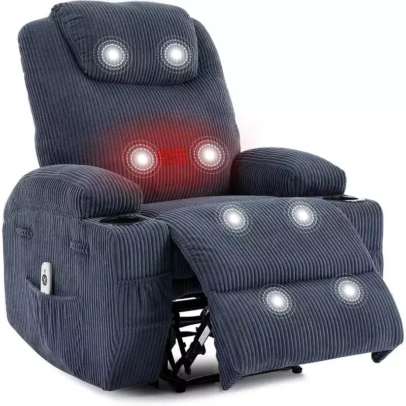 Fauteuil inclinable de massage et chauffant, canapé simple réglable en velours côtelé avec porte-gobelets et poches latérales