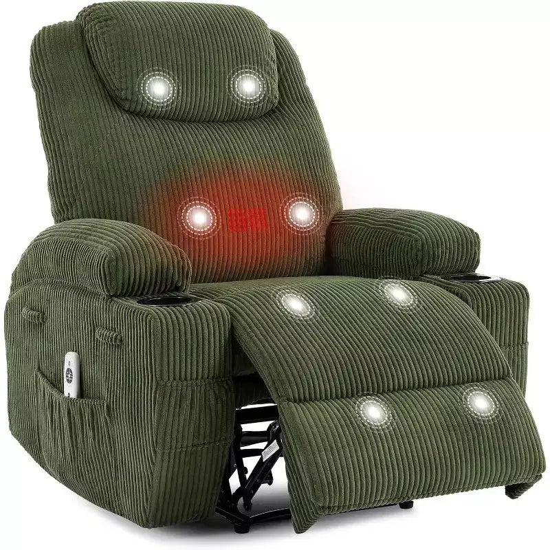 Recliner Chair with Massage and Heat, 135 Adjustable Corduroy Single Sofa for Living Room & Bedroom, Cup Holders & Pockets