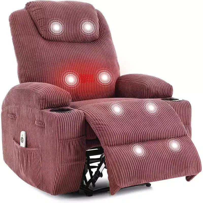 Fauteuil inclinable de massage et chauffant, canapé simple réglable en velours côtelé avec porte-gobelets et poches latérales