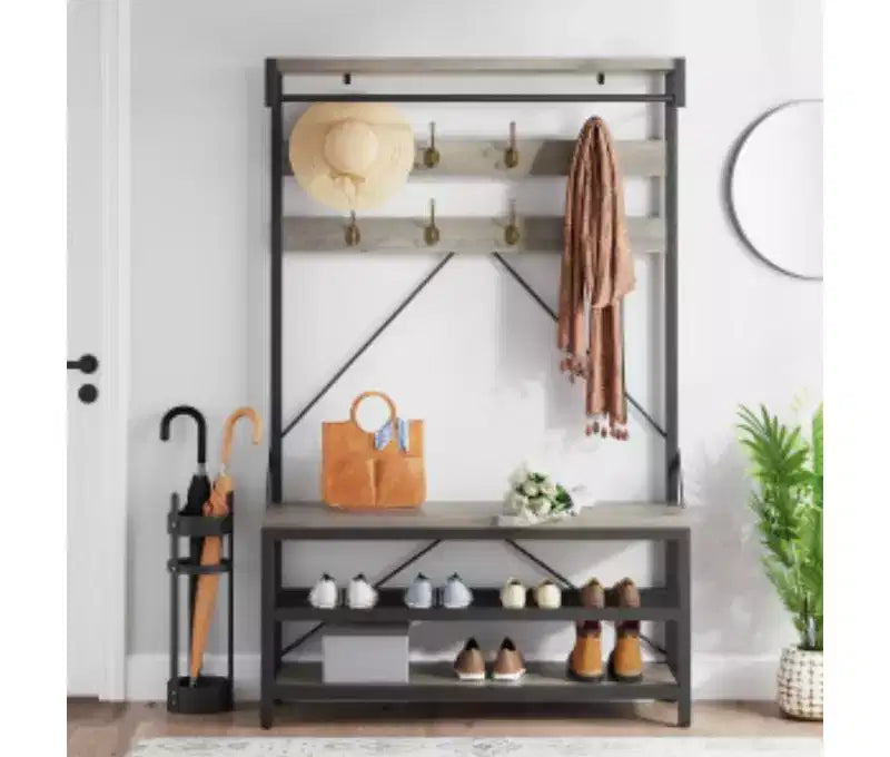 Portemanteau avec banc à chaussures, métal et panneaux de particules