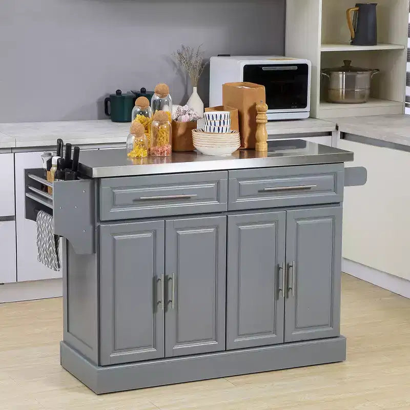 FAMYYT Gray stainless Steel Top 17. 75 in. Kitchen Island with Drop Leaf Breakfast Bar, Storage Drawers, 2-Cabinets, Spice Rack