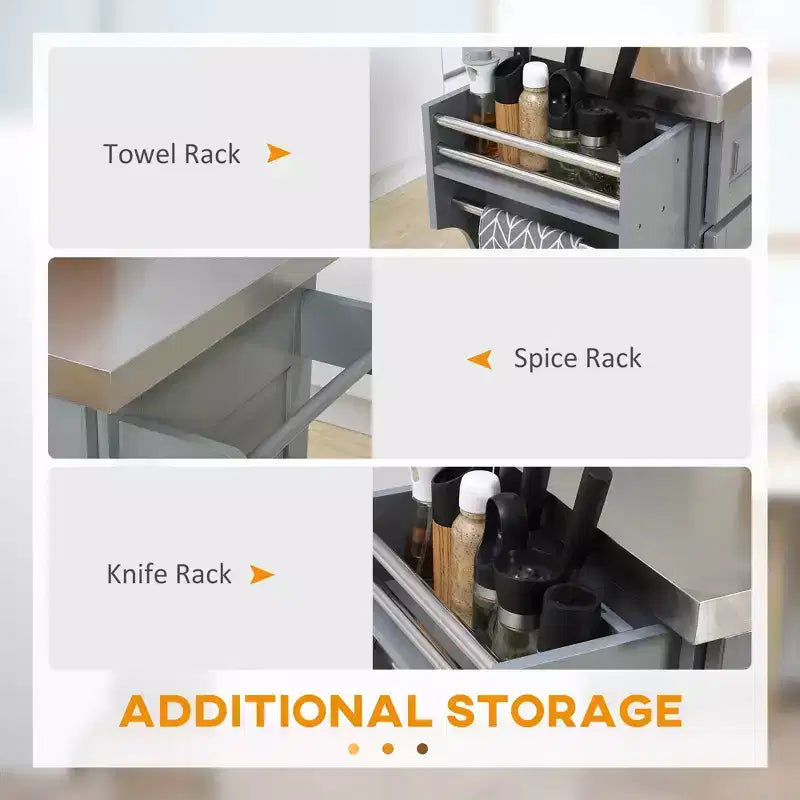 Ilot de cuisine gris en acier inoxydable avec plateau rabattable, tiroirs de rangement, 2 armoires et étagère à épices