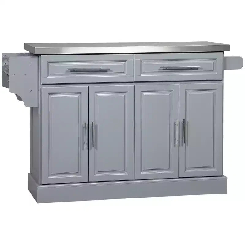 Ilot de cuisine gris en acier inoxydable avec plateau rabattable, tiroirs de rangement, 2 armoires et étagère à épices
