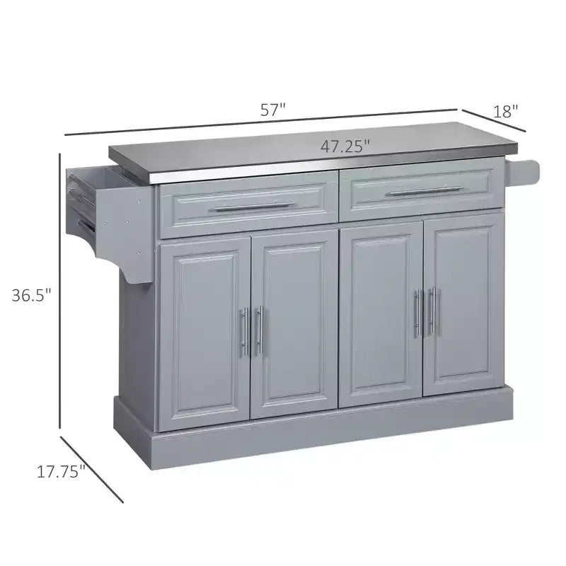 Ilot de cuisine gris en acier inoxydable avec plateau rabattable, tiroirs de rangement, 2 armoires et étagère à épices
