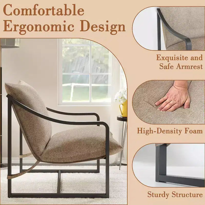Fauteuil d'appoint moderne, chaise de lecture à cadre métallique avec accoudoirs, coussin en mousse souple, capacité de 127 kg, chaise longue rembourrée pour salon, chambre et boudoir