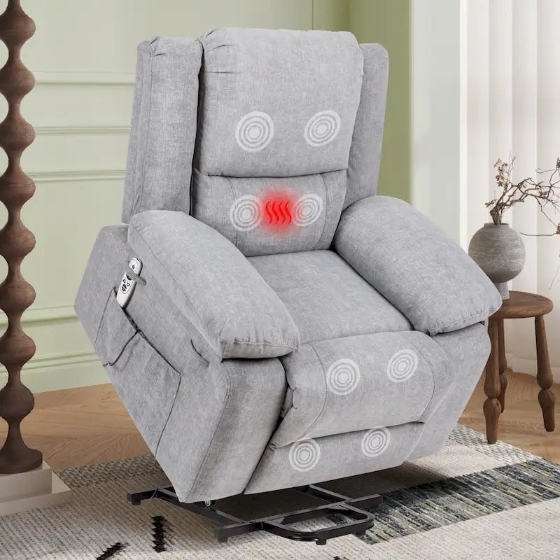 Fauteuil releveur électrique en velours gris clair avec massage, chauffage lombaire et poche de rangement