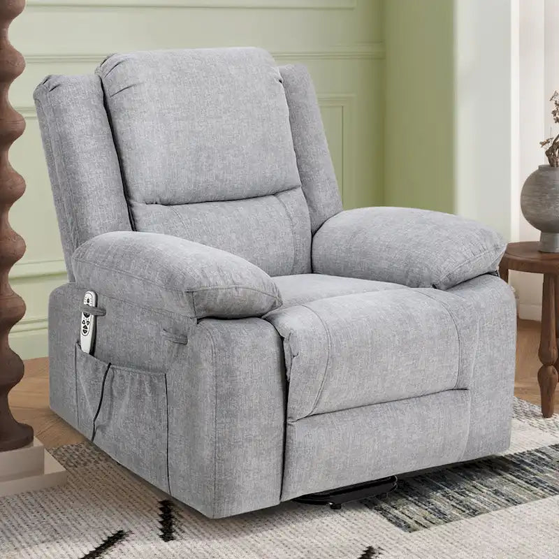 Fauteuil releveur électrique en velours gris clair avec massage, chauffage lombaire et poche de rangement