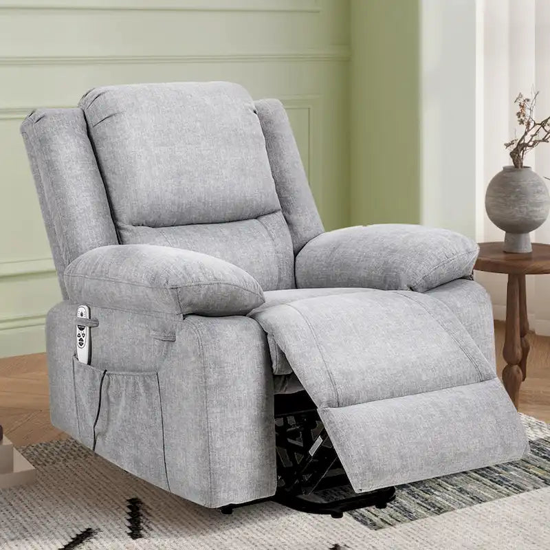 Fauteuil releveur électrique en velours gris clair avec massage, chauffage lombaire et poche de rangement