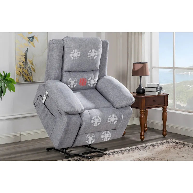 Fauteuil releveur électrique en velours gris clair avec massage, chauffage lombaire et poche de rangement