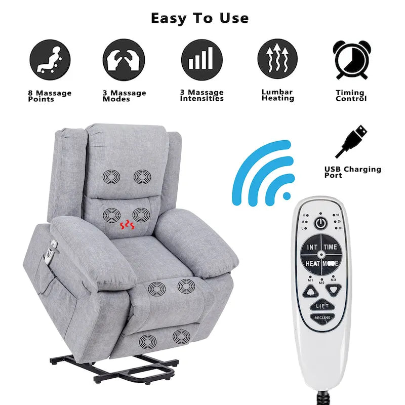 Fauteuil releveur électrique en velours gris clair avec massage, chauffage lombaire et poche de rangement