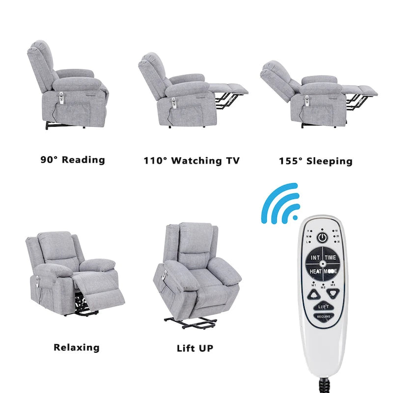 Fauteuil releveur électrique en velours gris clair avec massage, chauffage lombaire et poche de rangement