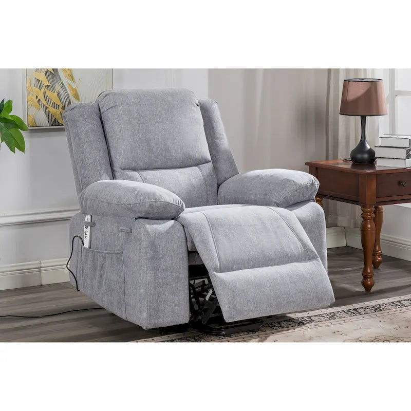 Fauteuil releveur électrique en velours gris clair avec massage, chauffage lombaire et poche de rangement