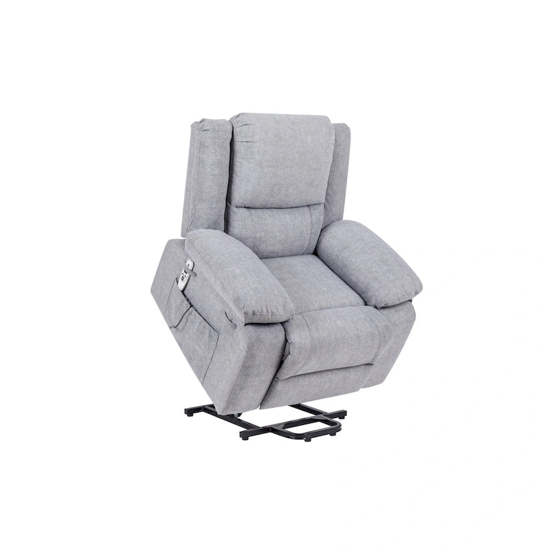 Fauteuil releveur électrique en velours gris clair avec massage, chauffage lombaire et poche de rangement