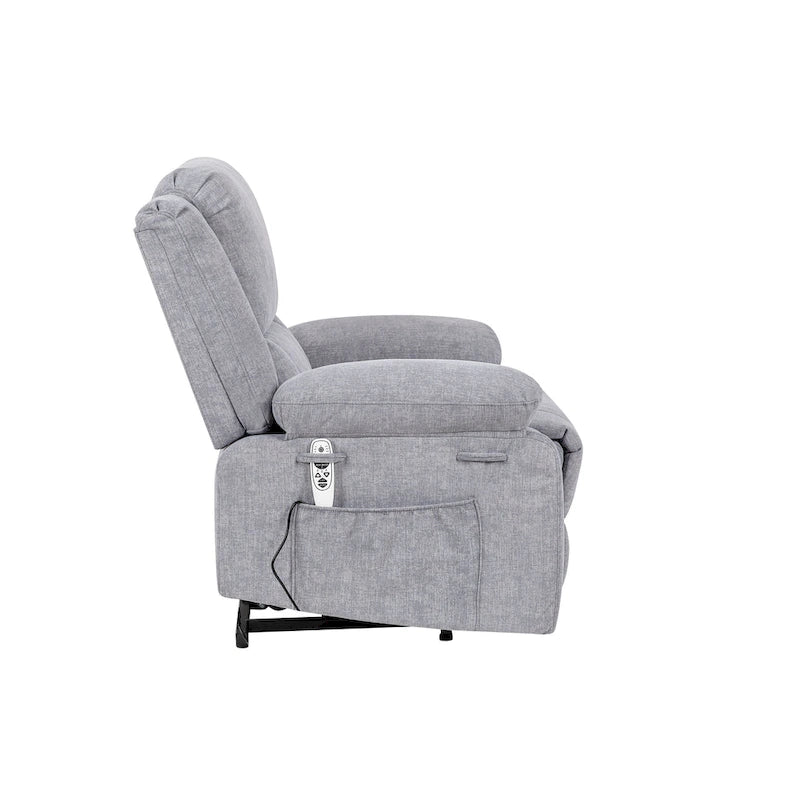 Fauteuil releveur électrique en velours gris clair avec massage, chauffage lombaire et poche de rangement