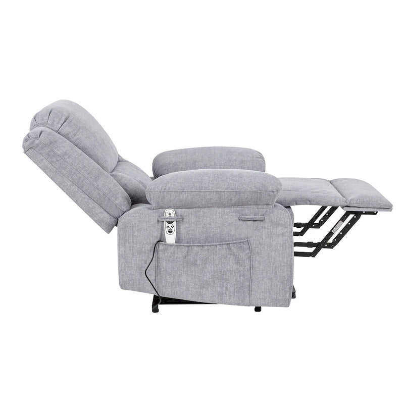 Fauteuil releveur électrique en velours gris clair avec massage, chauffage lombaire et poche de rangement