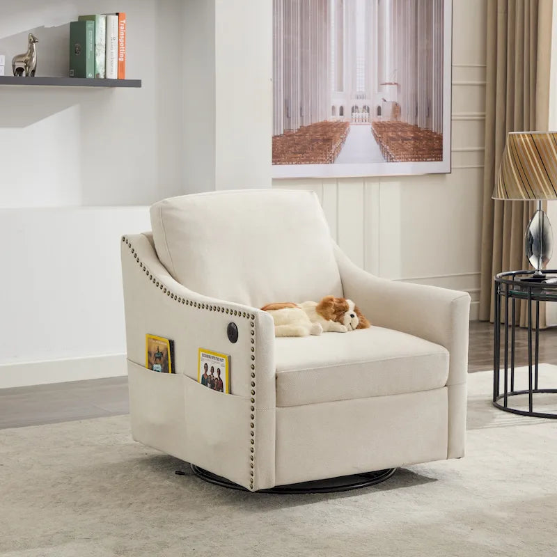 Fauteuil d'appoint pivotant moderne blanc crème avec port USB