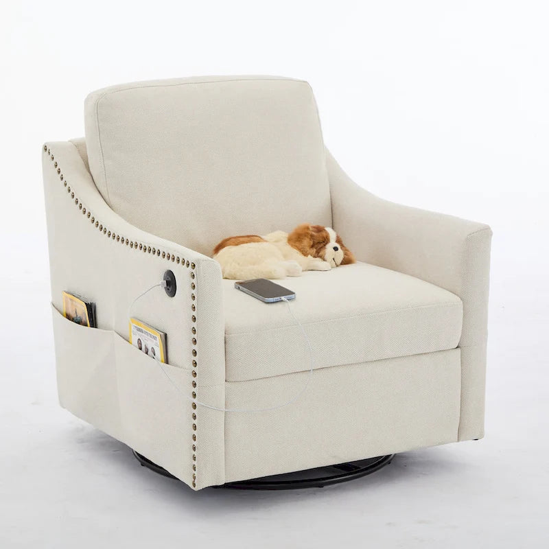 Fauteuil d'appoint pivotant moderne blanc crème avec port USB