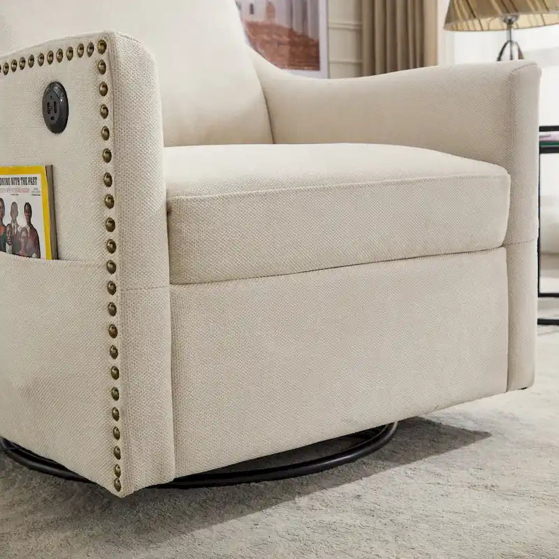Fauteuil d'appoint pivotant moderne blanc crème avec port USB