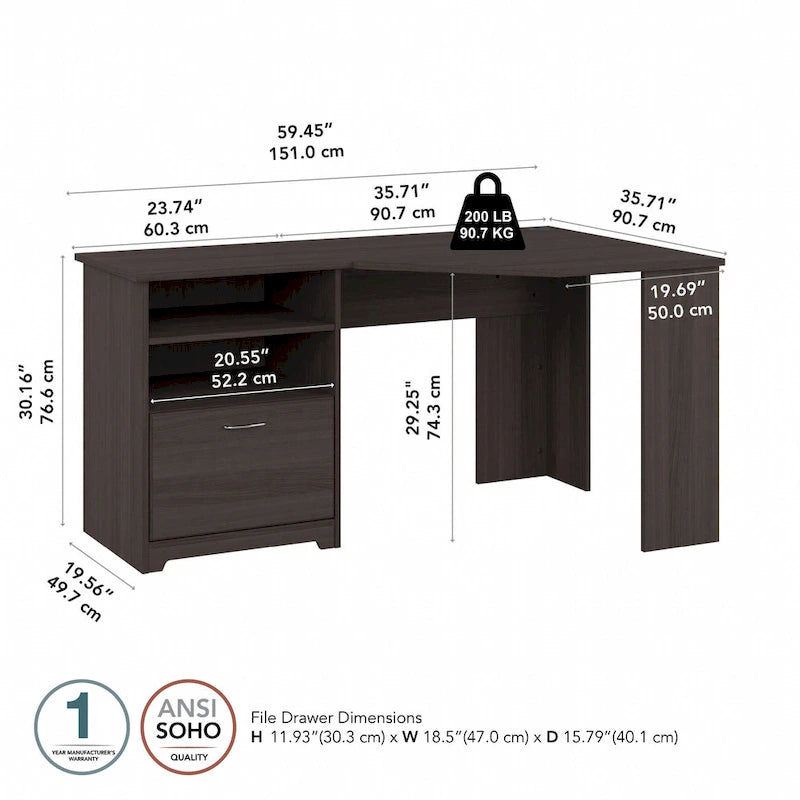 Bureau d'angle pour domicile de 60 po avec rangement