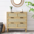 Commode 3 tiroirs en rotin, large commode en bois avec poignées en métal