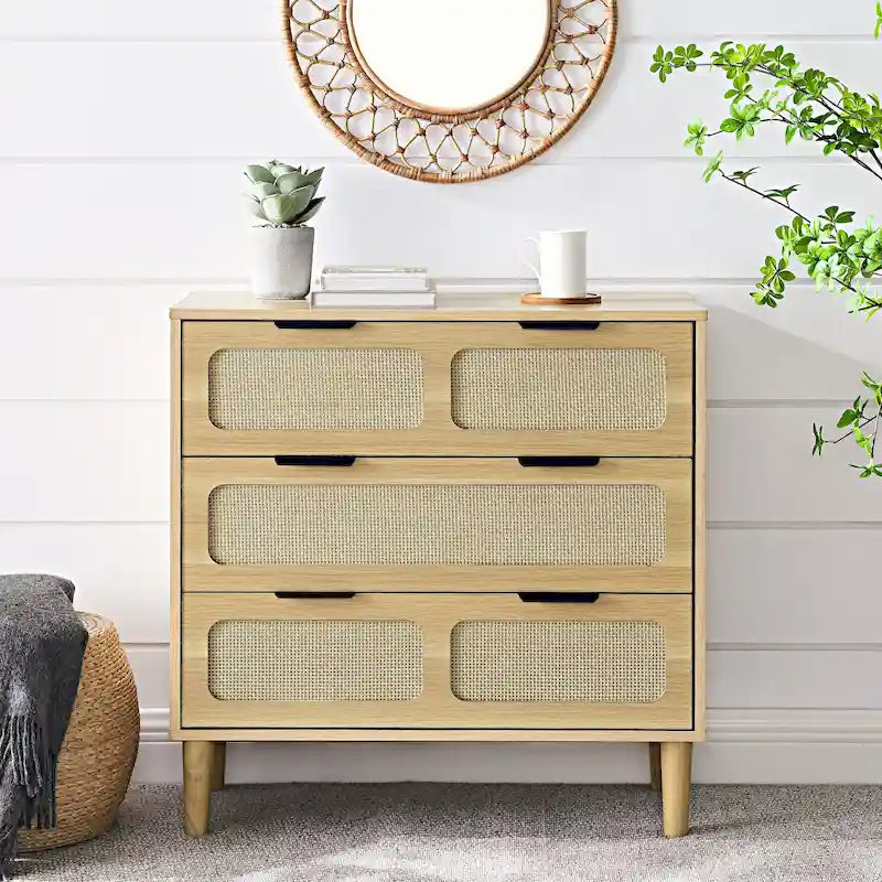 Commode 3 tiroirs en rotin, large commode en bois avec poignées en métal