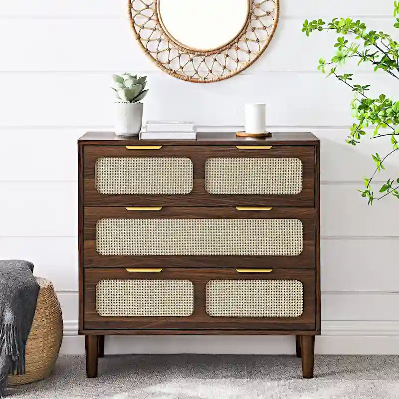Commode 3 tiroirs en rotin, large commode en bois avec poignées en métal