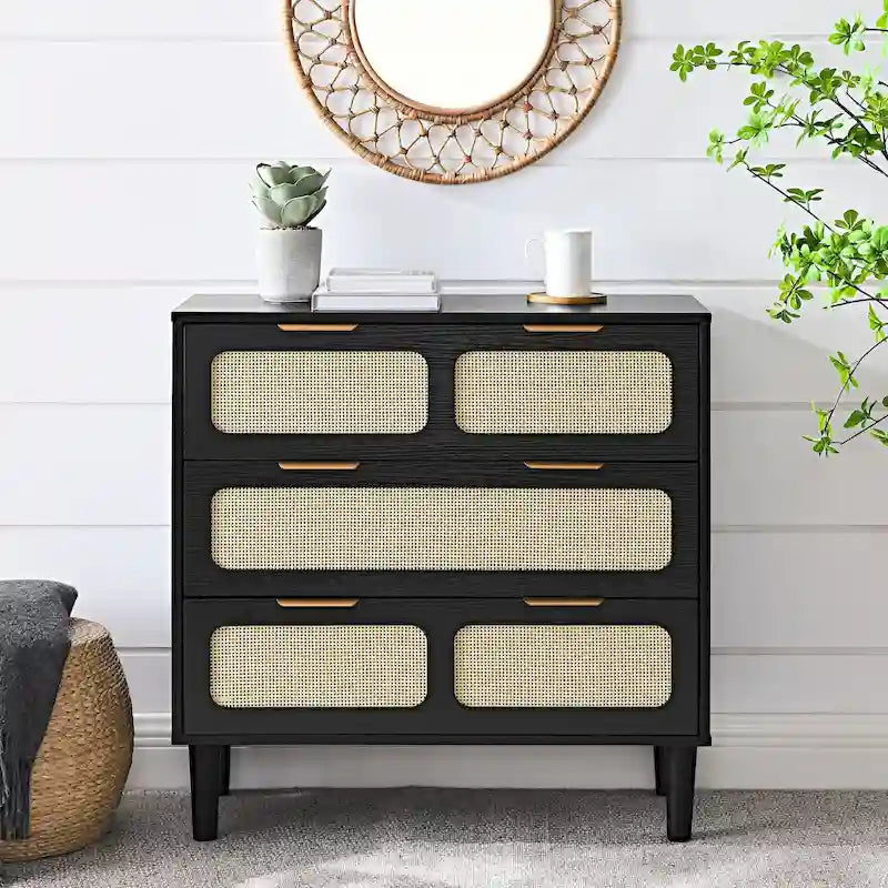 Commode 3 tiroirs en rotin, large commode en bois avec poignées en métal