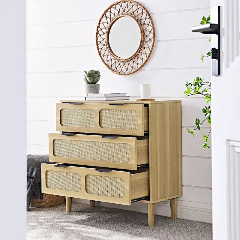 Commode 3 tiroirs en rotin, large commode en bois avec poignées en métal