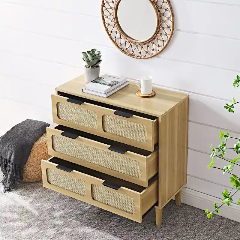 Commode 3 tiroirs en rotin, large commode en bois avec poignées en métal