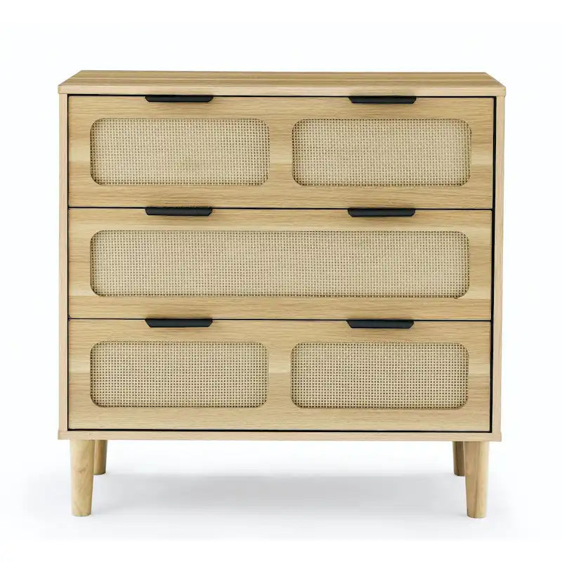 Commode 3 tiroirs en rotin, large commode en bois avec poignées en métal