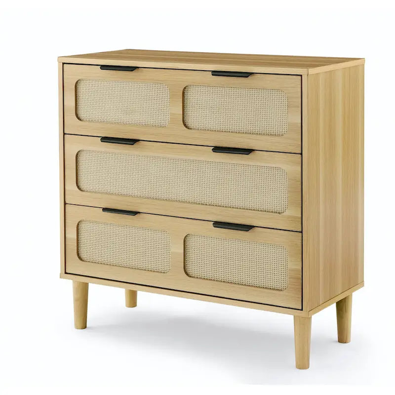 Commode 3 tiroirs en rotin, large commode en bois avec poignées en métal