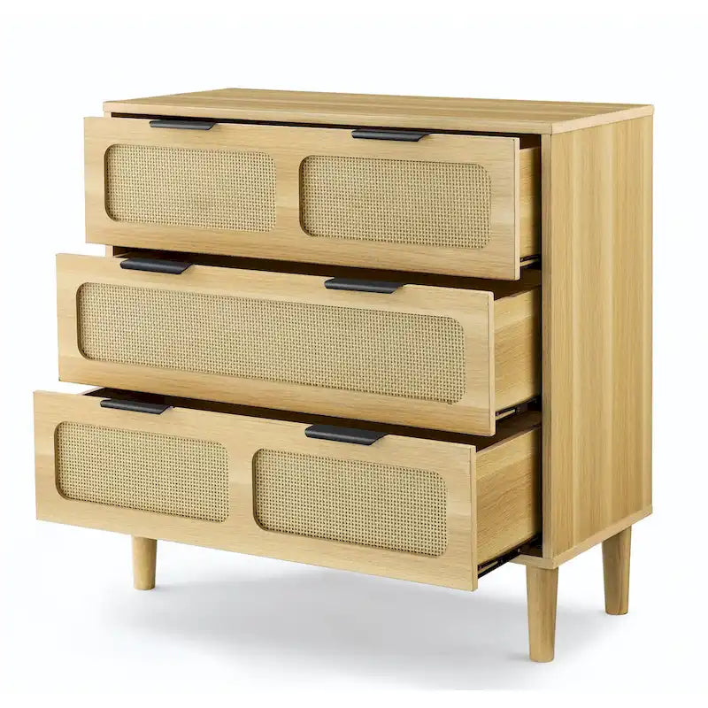 Commode 3 tiroirs en rotin, large commode en bois avec poignées en métal