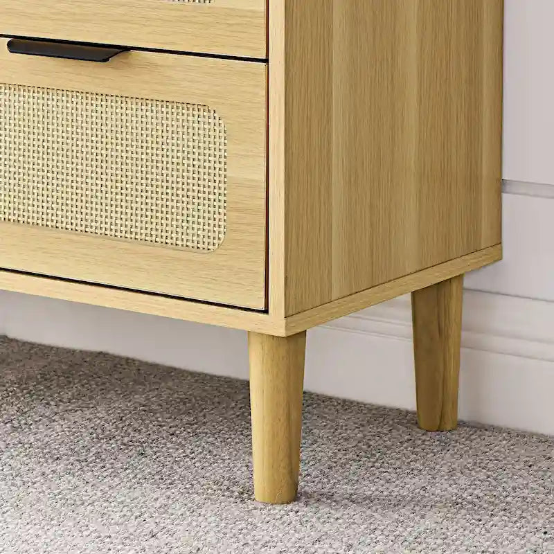 Commode 3 tiroirs en rotin, large commode en bois avec poignées en métal