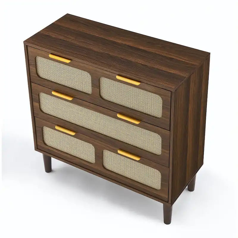 Commode 3 tiroirs en rotin, large commode en bois avec poignées en métal